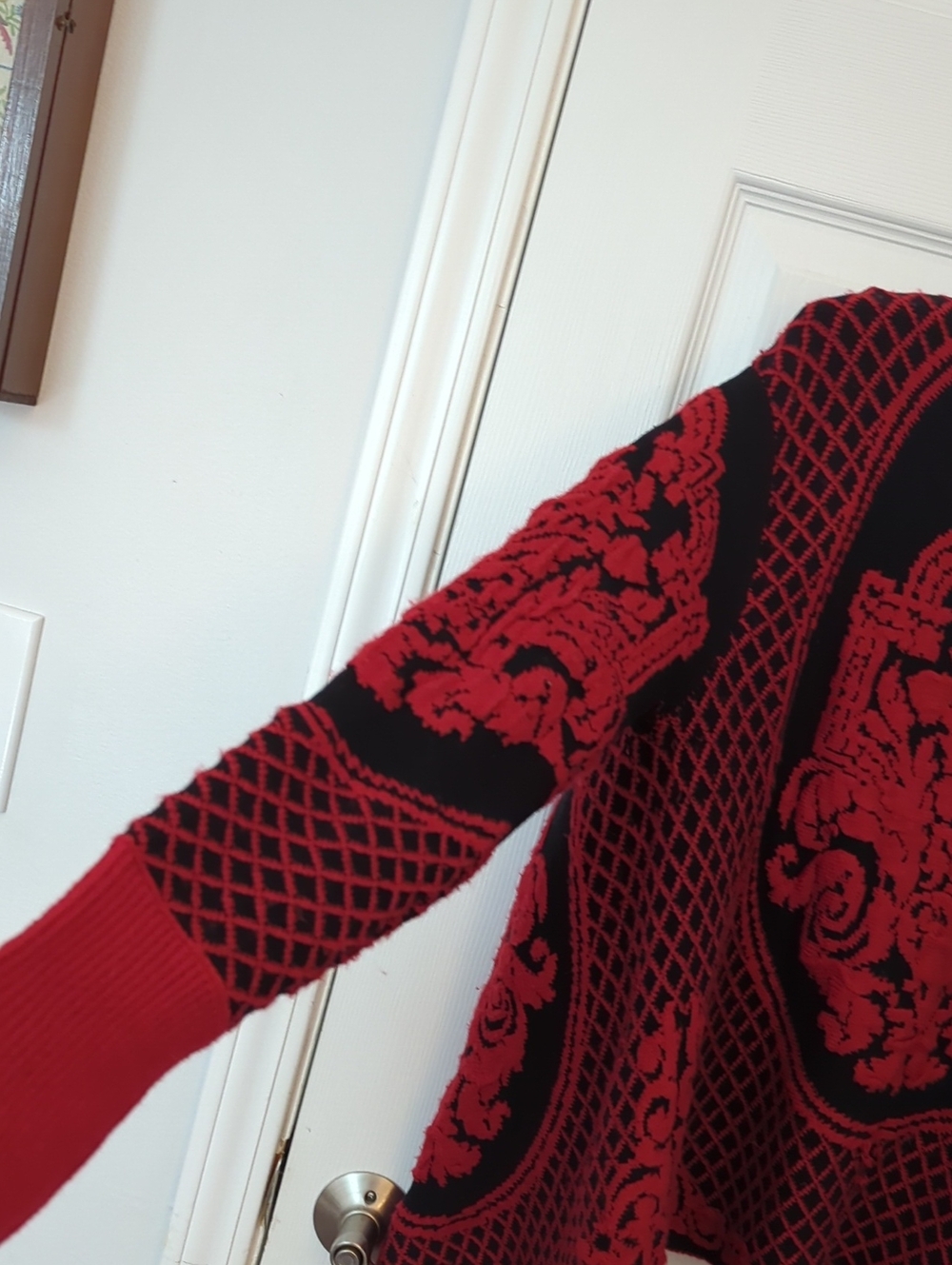 SIONI Red Black Baroque Knit Waterfall Cardigan Sweater L/XL HTF - Picture 10 of 15